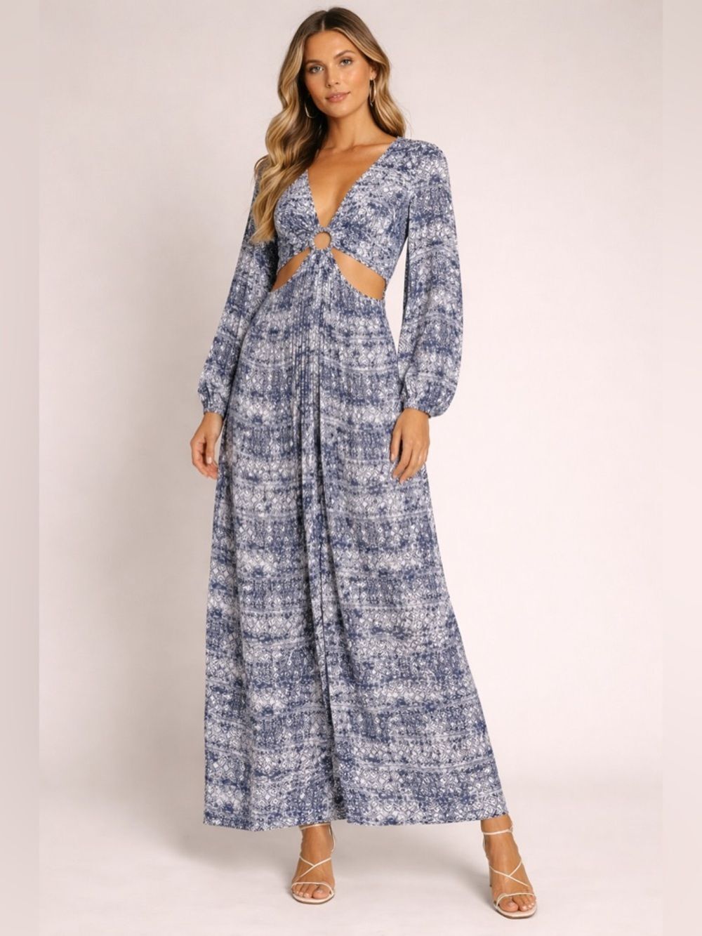 Savanna Jane Navy & White Boho Pattern Ring Front Cutout Maxi Dress Size Medium
